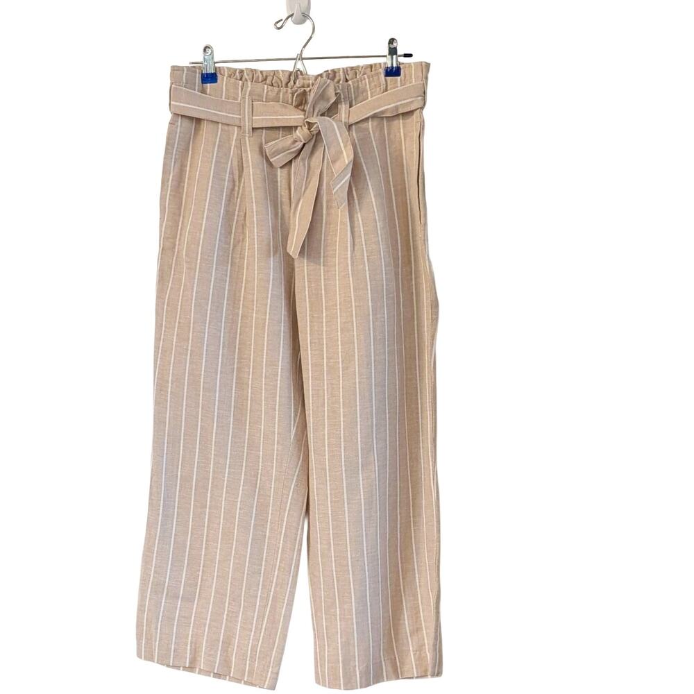 Liverpool Los Angeles Linen Blend Wide Leg Pants M Tan Stripe Tie Waist NWT
